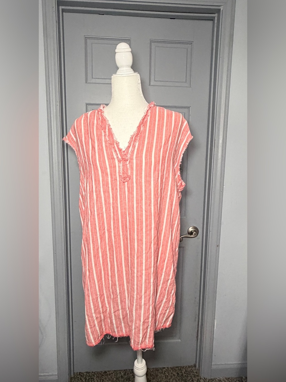 Aerie Coral Stripe Linen Blend Cover Up Dress Frayed Raw Hem Oversized XS/S